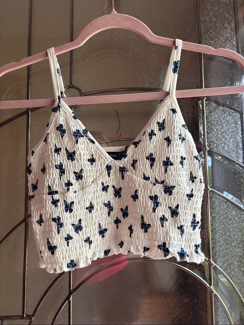 Rue21 White Smocked Crop Top with Navy Floral Print